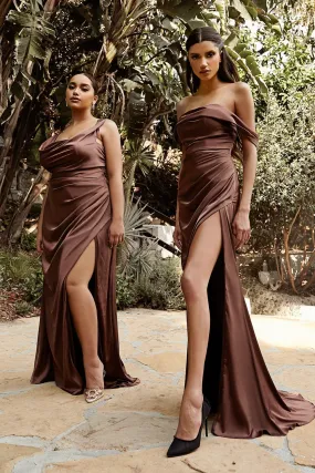 Soft Satin Gown: Elegant Prom & Bridesmaid Dresses, Gathered Fitted Bodice, Off/On Shoulder, High Leg Slit