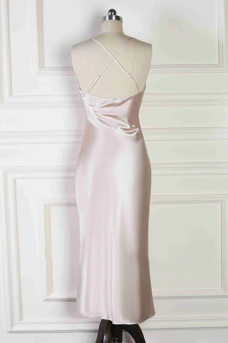 Spaghetti Straps Cowl Neck Tea-Length Champagne Sheath Bridesmaid Dress