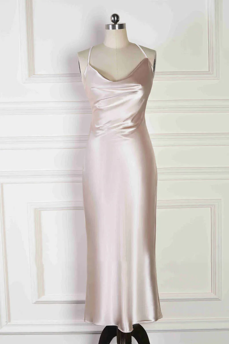 Spaghetti Straps Cowl Neck Tea-Length Champagne Sheath Bridesmaid Dress