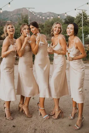 Spaghetti Straps Cowl Neck Tea-Length Champagne Sheath Bridesmaid Dress