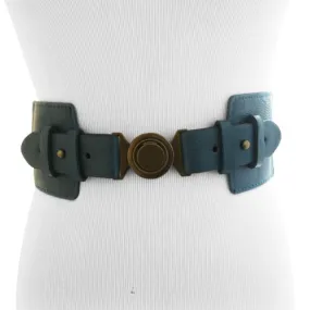 Teal Women Stretch Belt with Bronze Geometric Circle Buckle