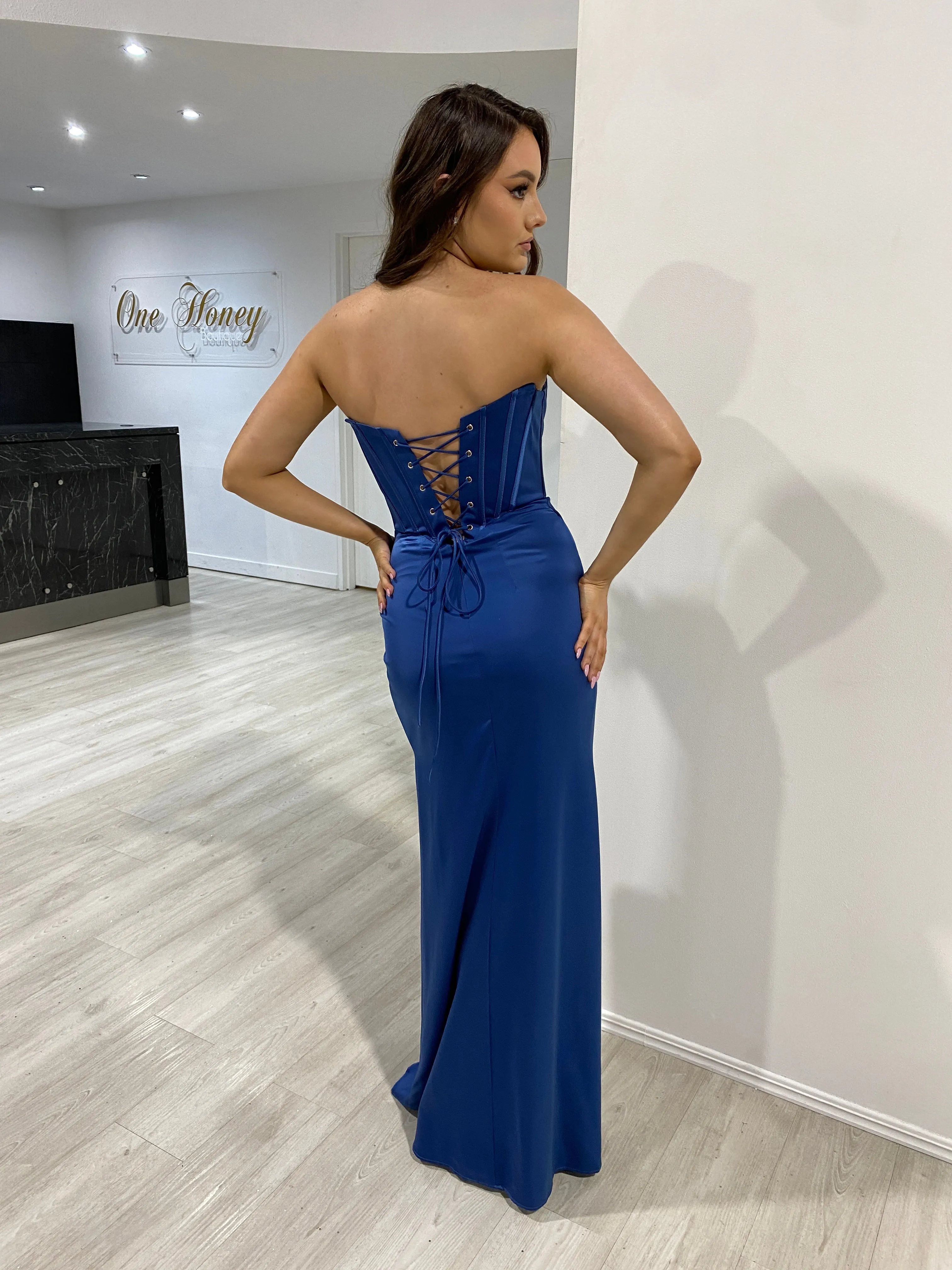 TYRA Off-Shoulder Removable Strap Boned Corset Satin Bridesmaid Prom Dress