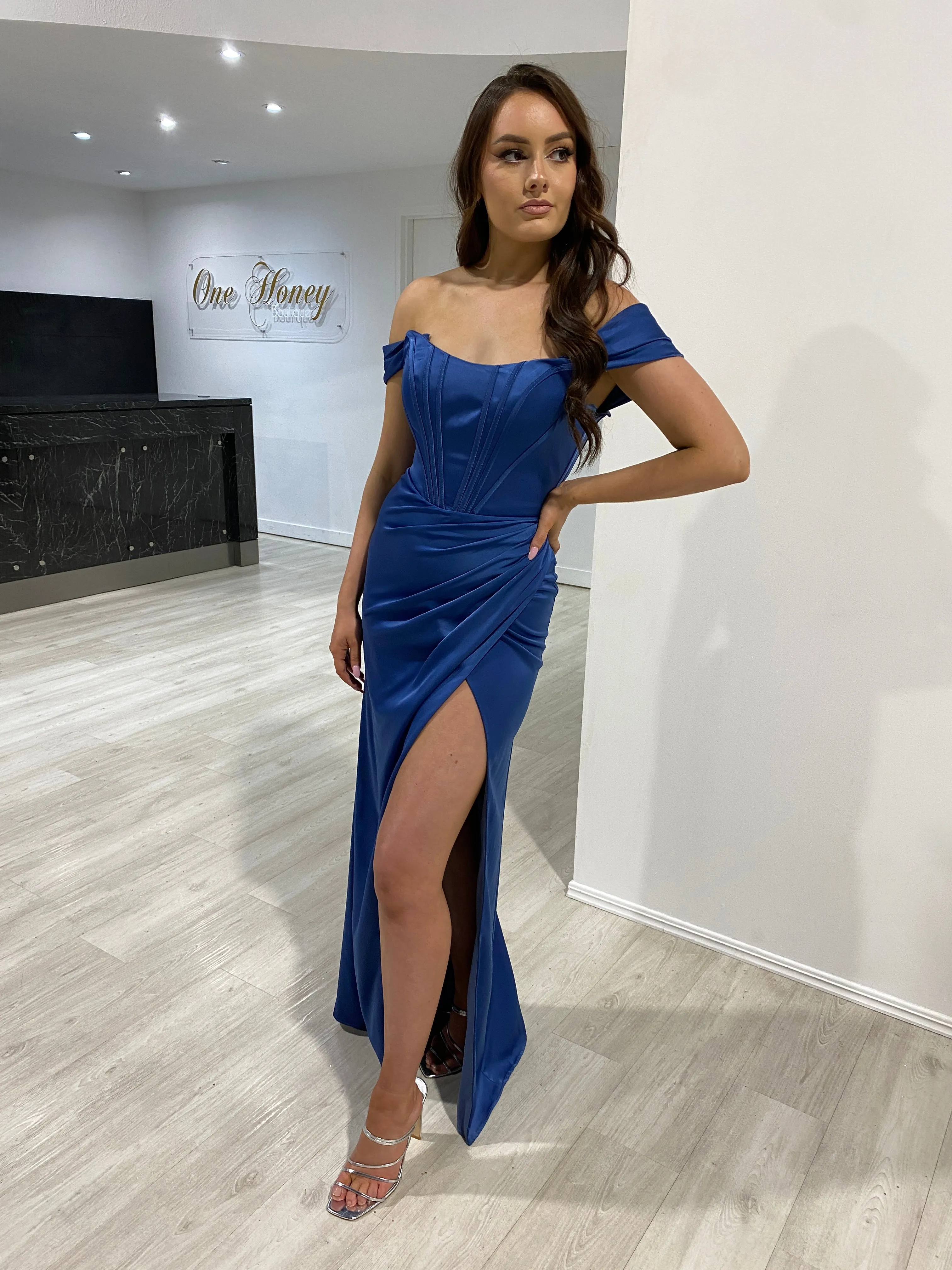 TYRA Off-Shoulder Removable Strap Boned Corset Satin Bridesmaid Prom Dress