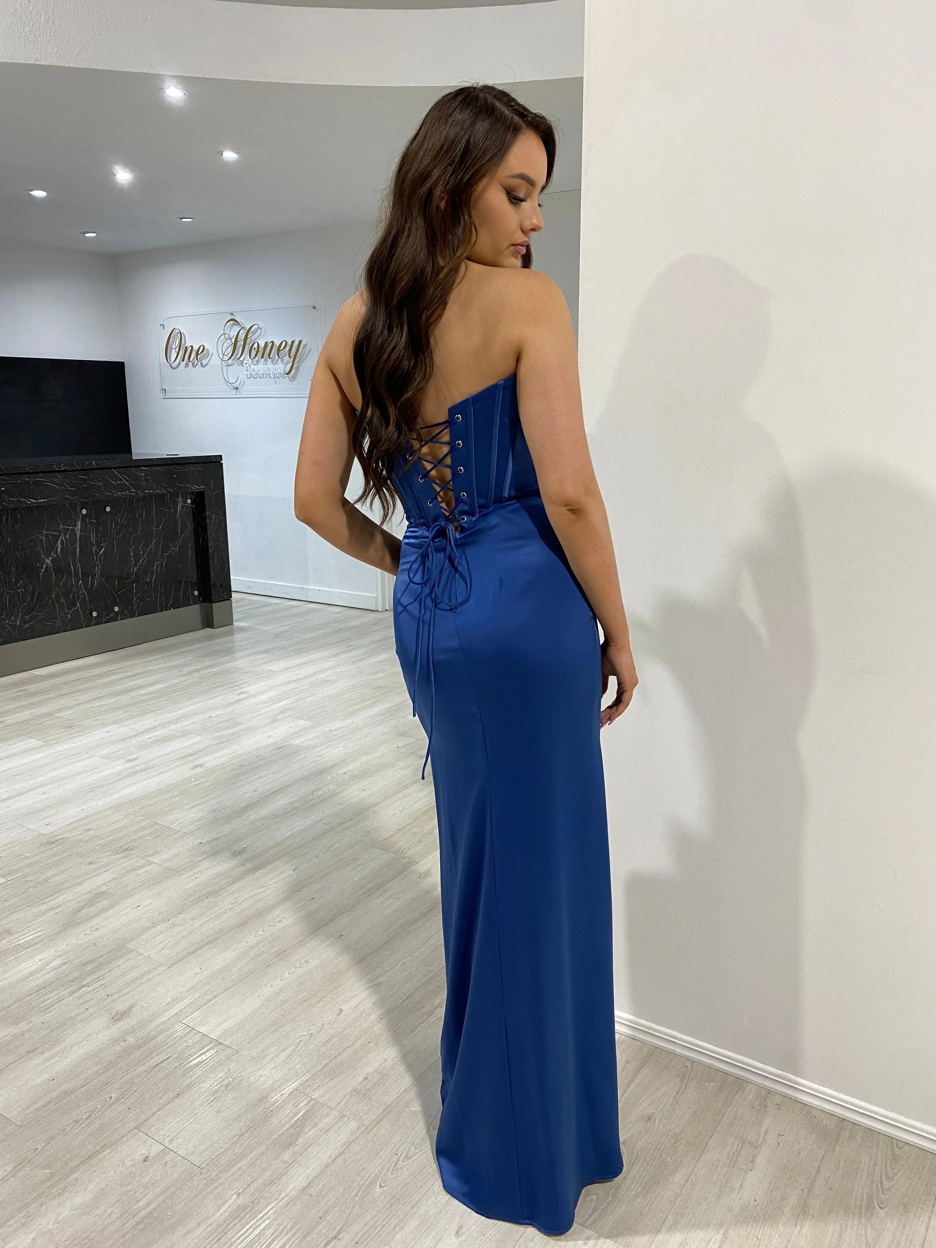 TYRA Off-Shoulder Removable Strap Boned Corset Satin Bridesmaid Prom Dress