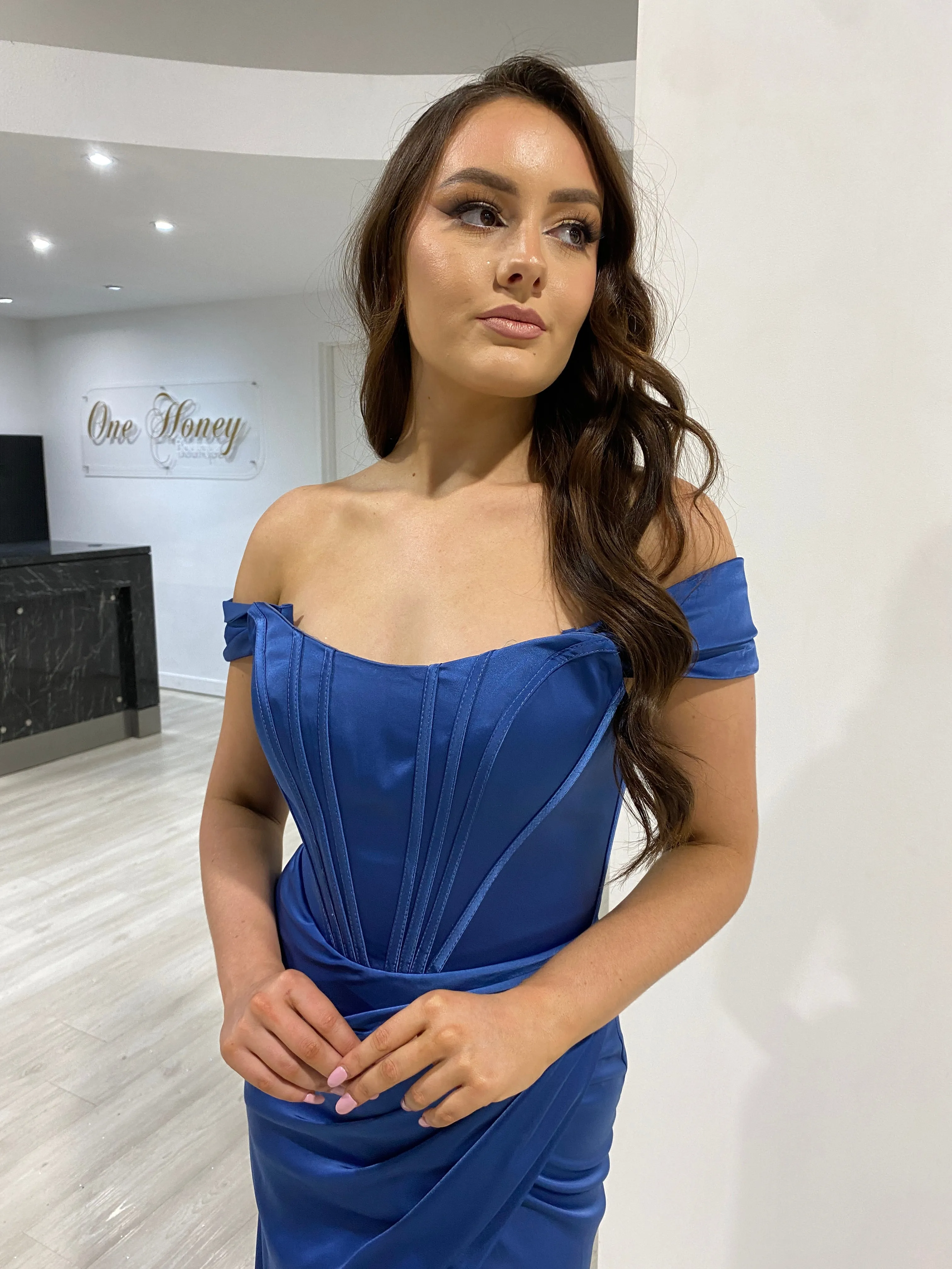 TYRA Off-Shoulder Removable Strap Boned Corset Satin Bridesmaid Prom Dress