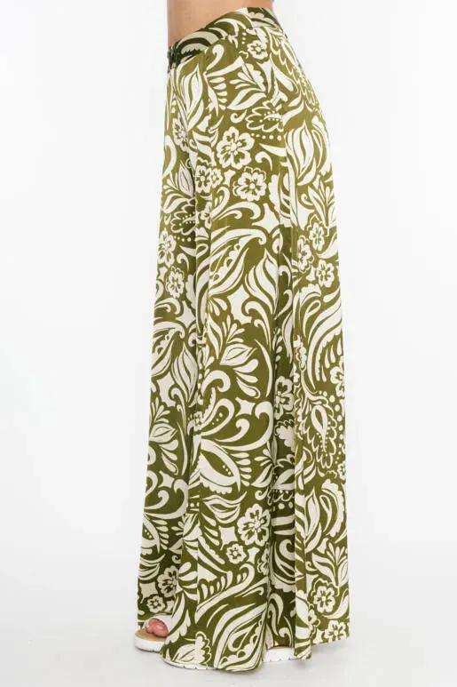 Verdant Gleam Paisley Printed Satin Wide Leg Pants