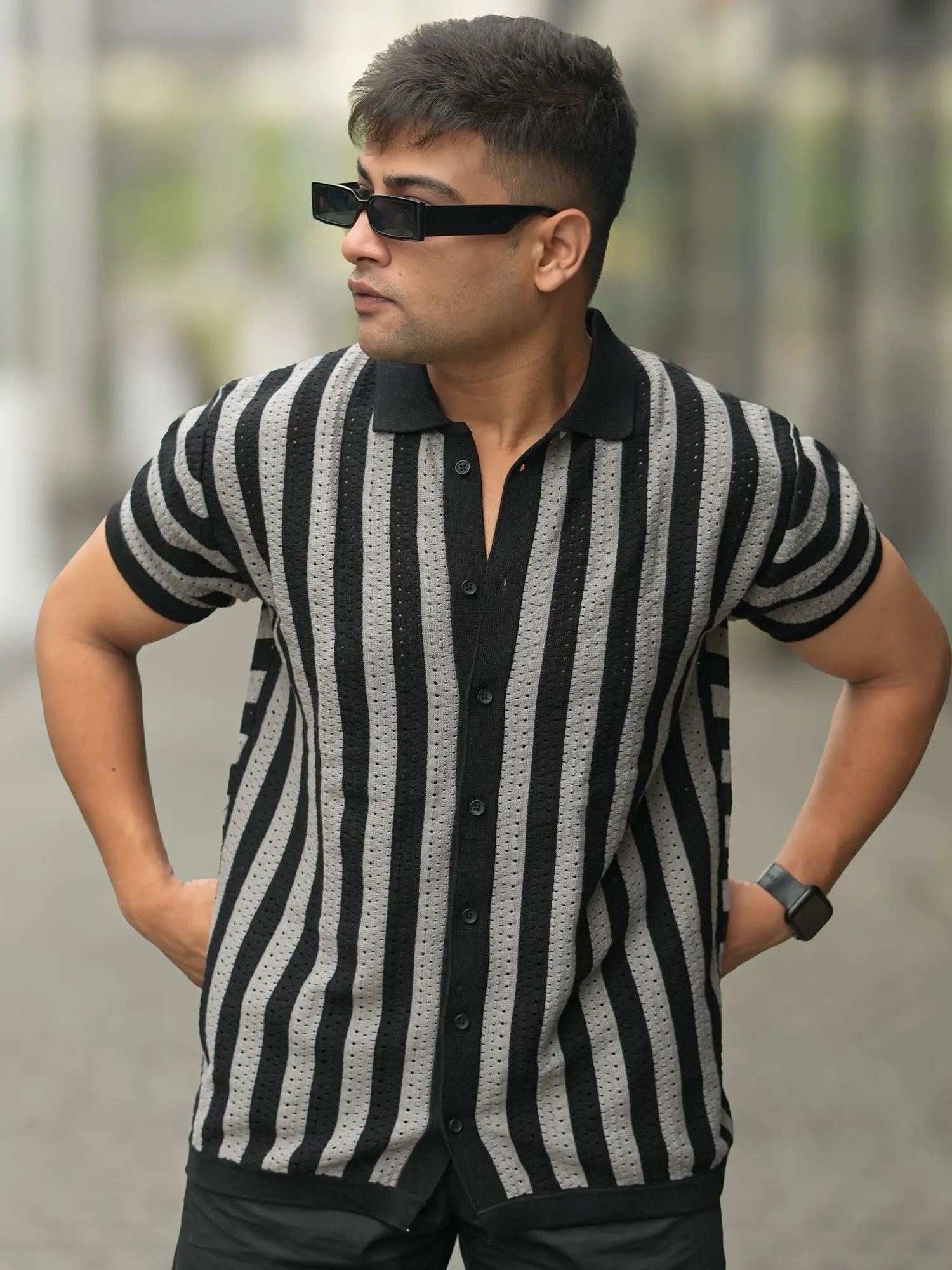 Vertical Stripe FlatKnit Black Shirt