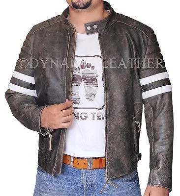 Vintage Fight Club Leather Motorcycle Biker Jackets with white stripes