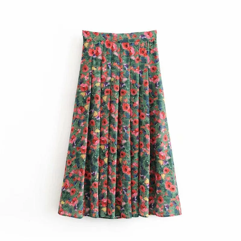 Vintage Floral Pleated Skirt