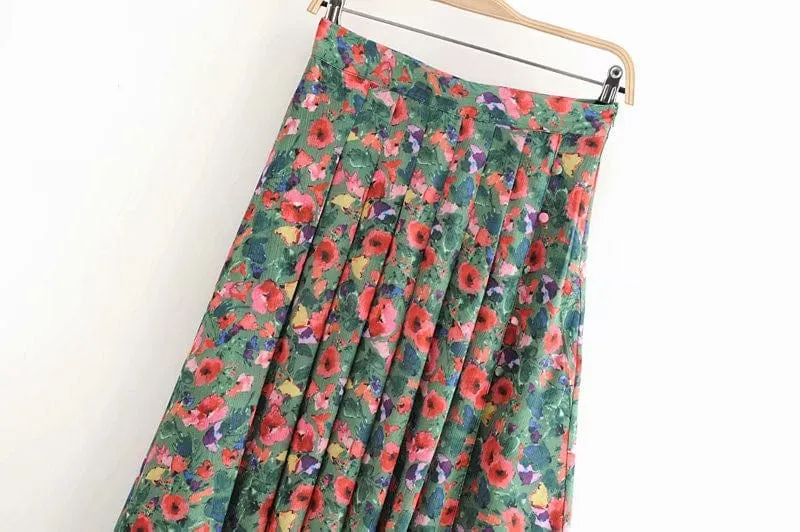 Vintage Floral Pleated Skirt