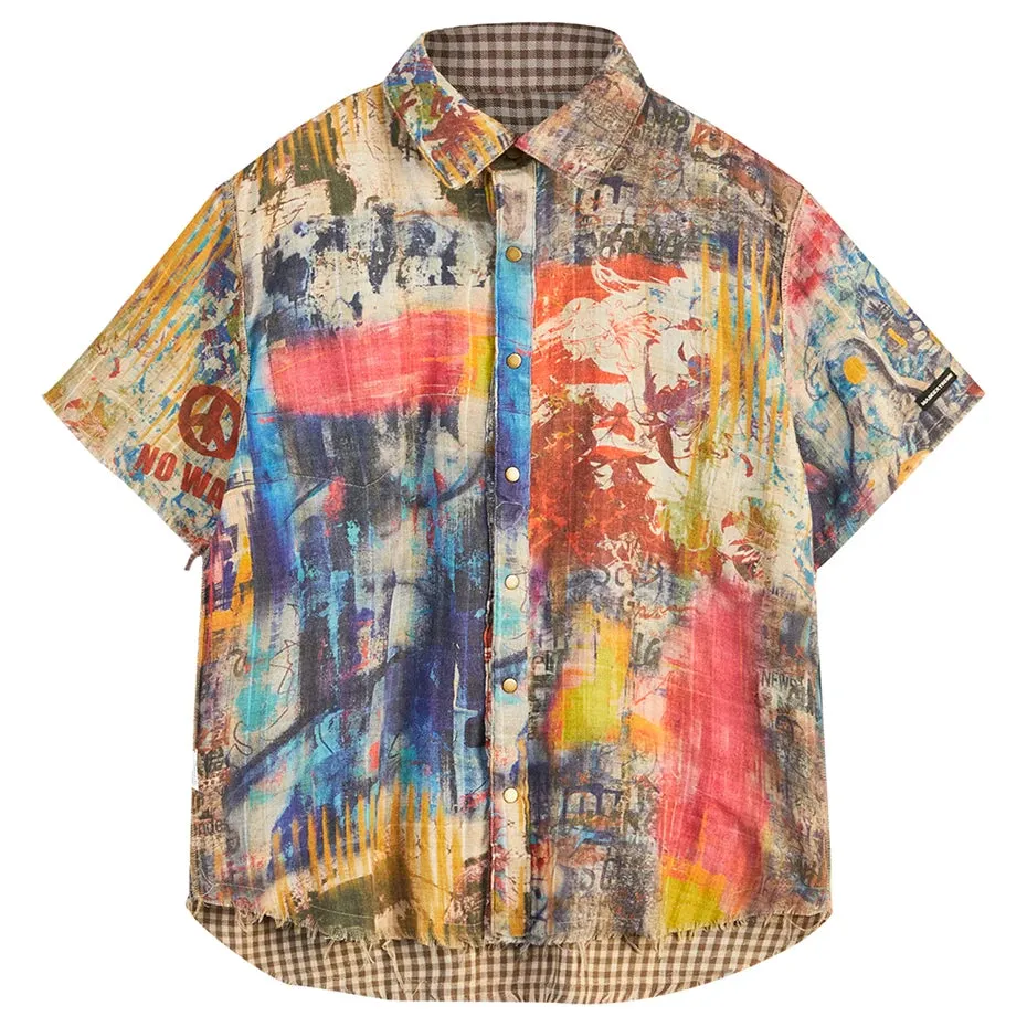 Vintage Graffiti Printed Plaid Button Up Shirt