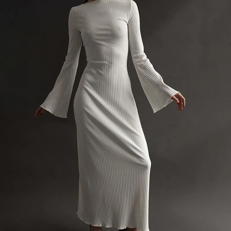 White Ribbed Dress with Flared Sleeves and Backless Lace Up Design