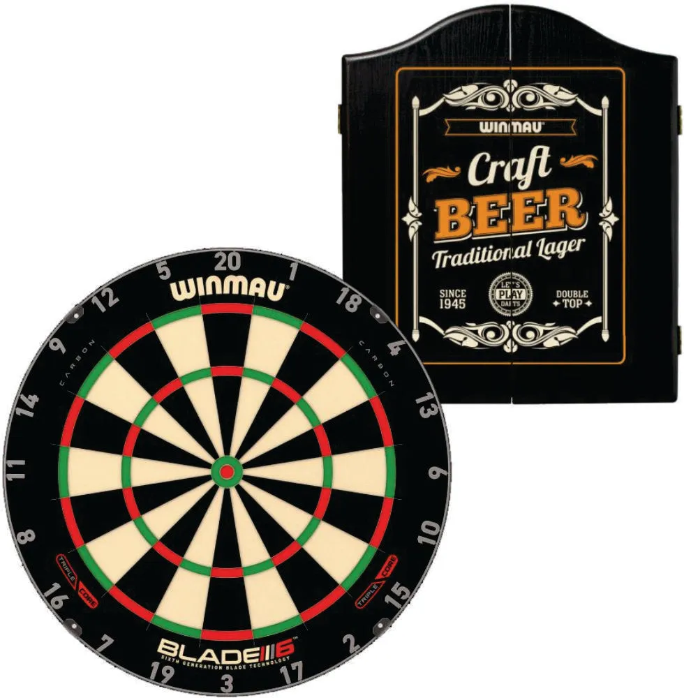 Winmau Blade 6 Triple Core Dartboard with Craft Beer Cabinet Plus Free Set of Darts