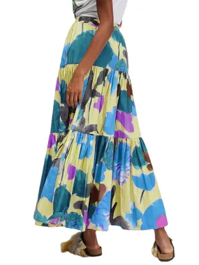 Women Colorful Floral Print Loose Elastic Waist A-Line Long Tiered Layered Skirt