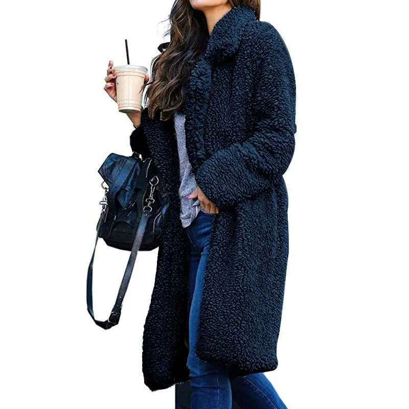 Women Plus Size Turn-down Collar Long Teddy Coat