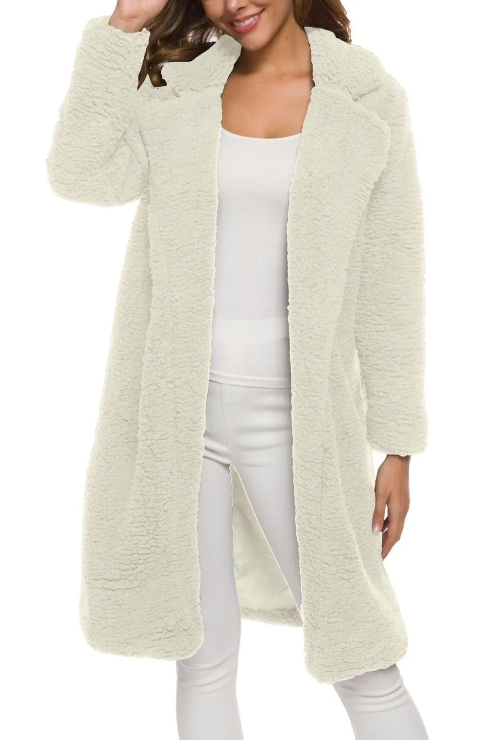 Women Plus Size Turn-down Collar Long Teddy Coat