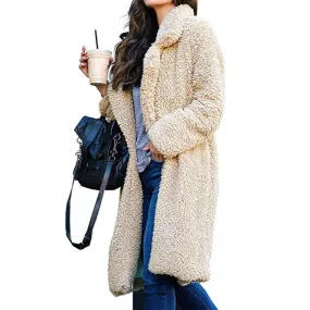 Women Plus Size Turn-down Collar Long Teddy Coat