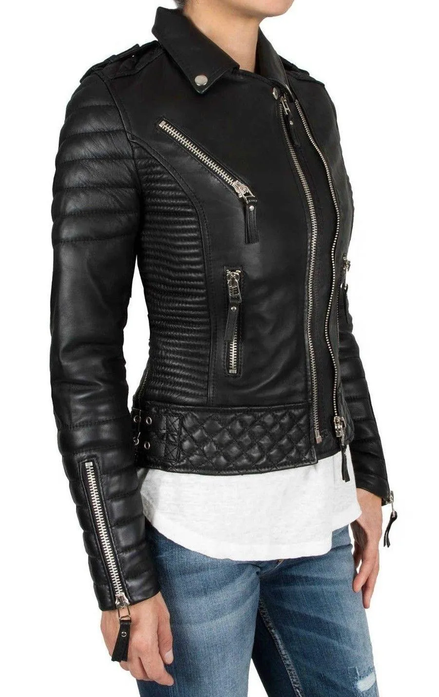 Women's Black Slim Fit Diamond Quilted Kay Michaels Biker Real Leather Jacket