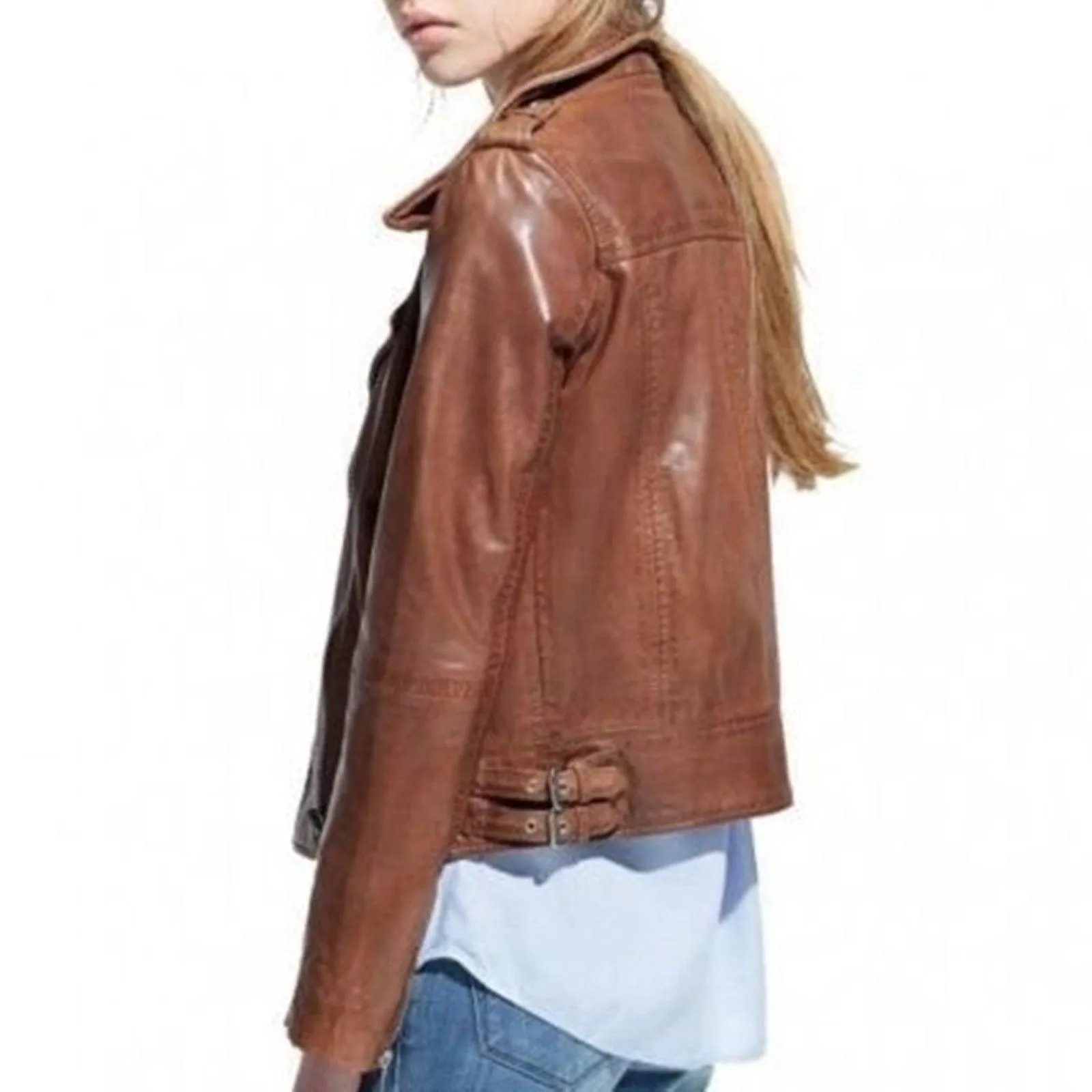 Women's Genuine Leather Motorcycle Slim Fit Brown Biker Jacket