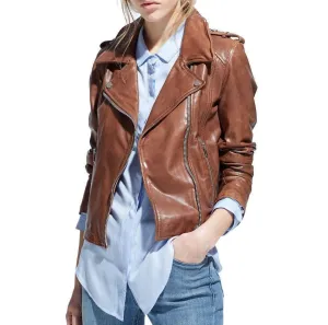 Women's Genuine Leather Motorcycle Slim Fit Brown Biker Jacket