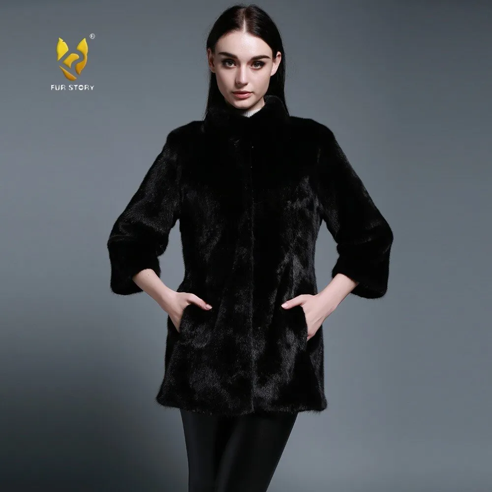 Women's Genuine Mink Fur Coat Women Pure Black Color Outerwear 161205