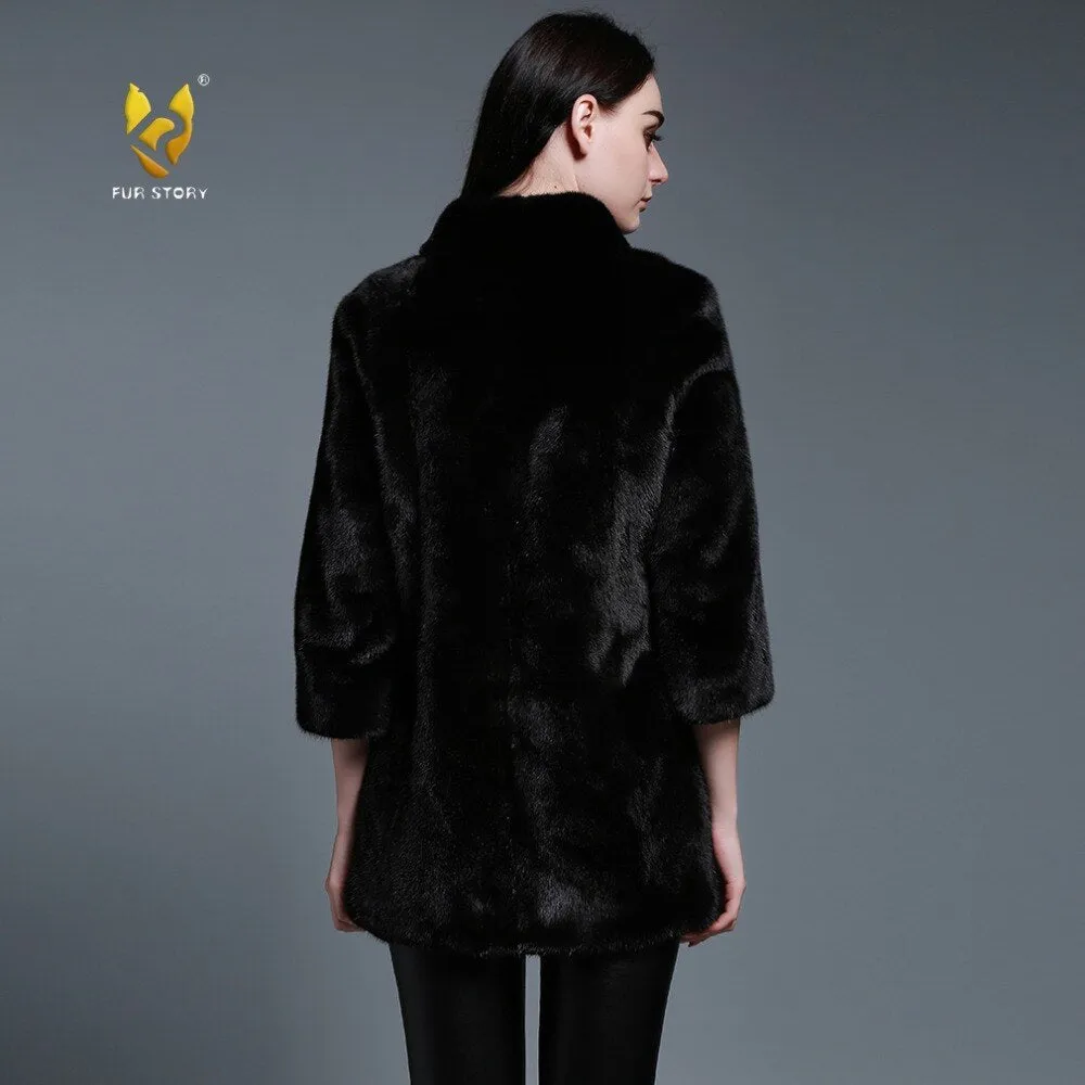 Women's Genuine Mink Fur Coat Women Pure Black Color Outerwear 161205