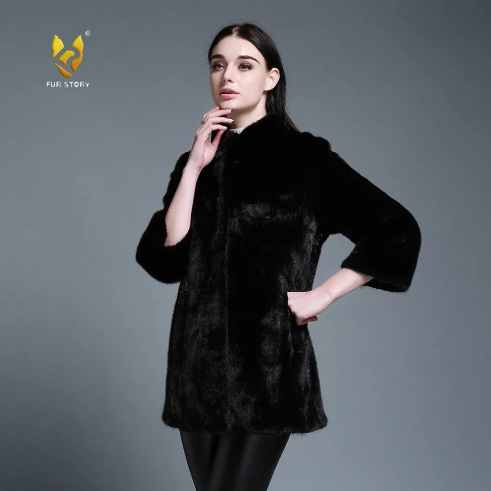 Women's Genuine Mink Fur Coat Women Pure Black Color Outerwear 161205