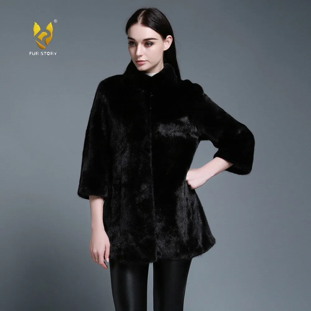 Women's Genuine Mink Fur Coat Women Pure Black Color Outerwear 161205