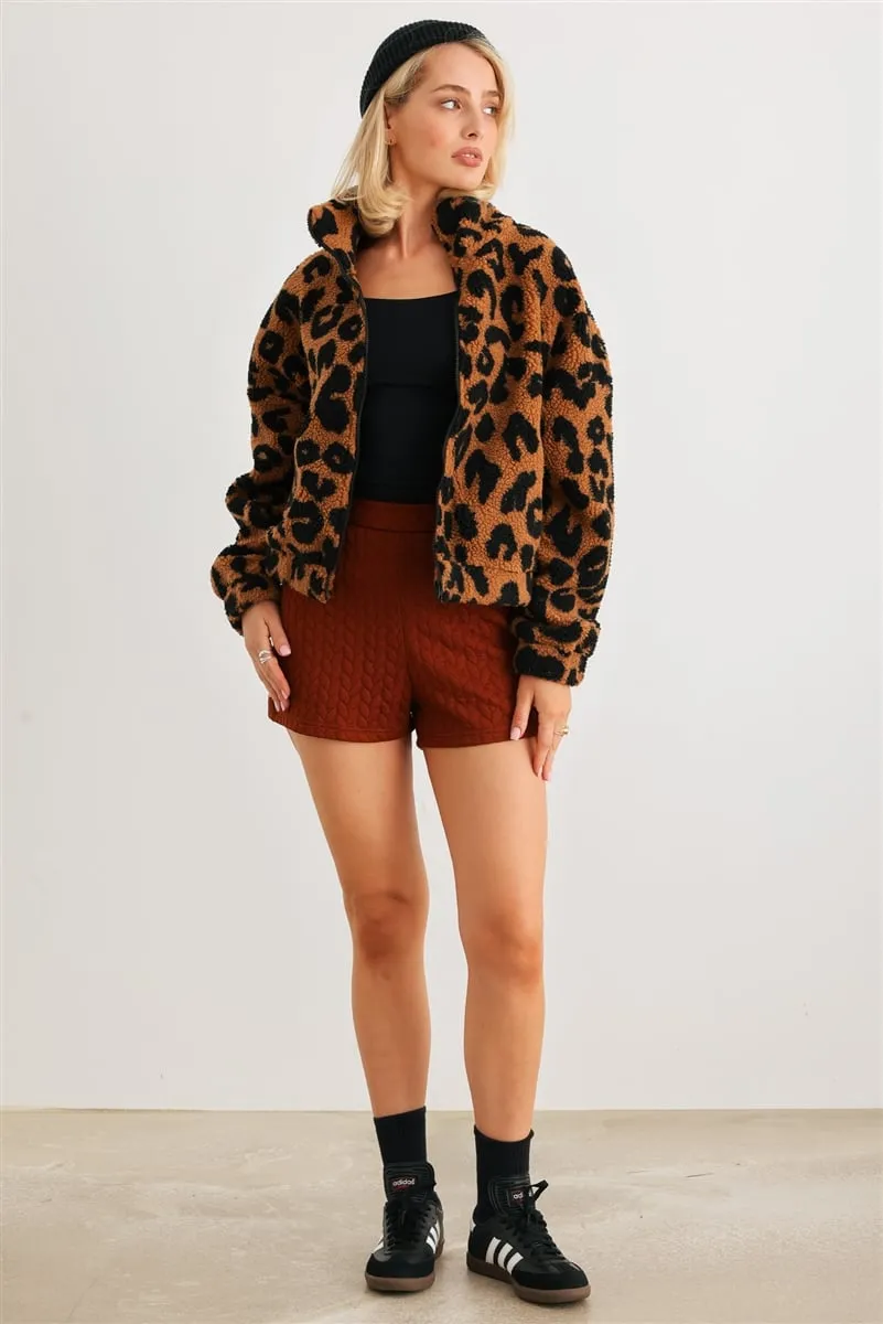 Women's Leopard teddy zip-up two pocket jacket