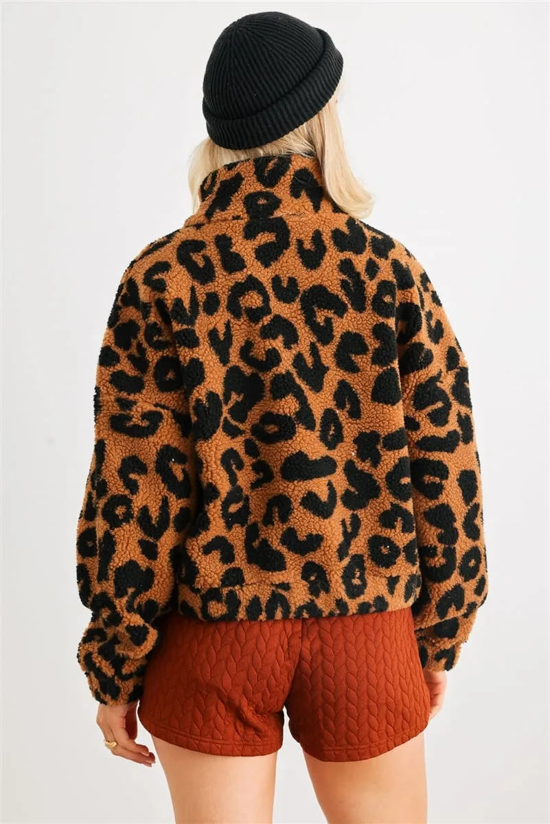 Women's Leopard teddy zip-up two pocket jacket