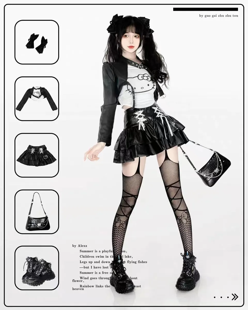 Y2K Hello Kitty Inspired T-shirt with Black Bolero Shrug and Black Leather Layered Mini Skirt