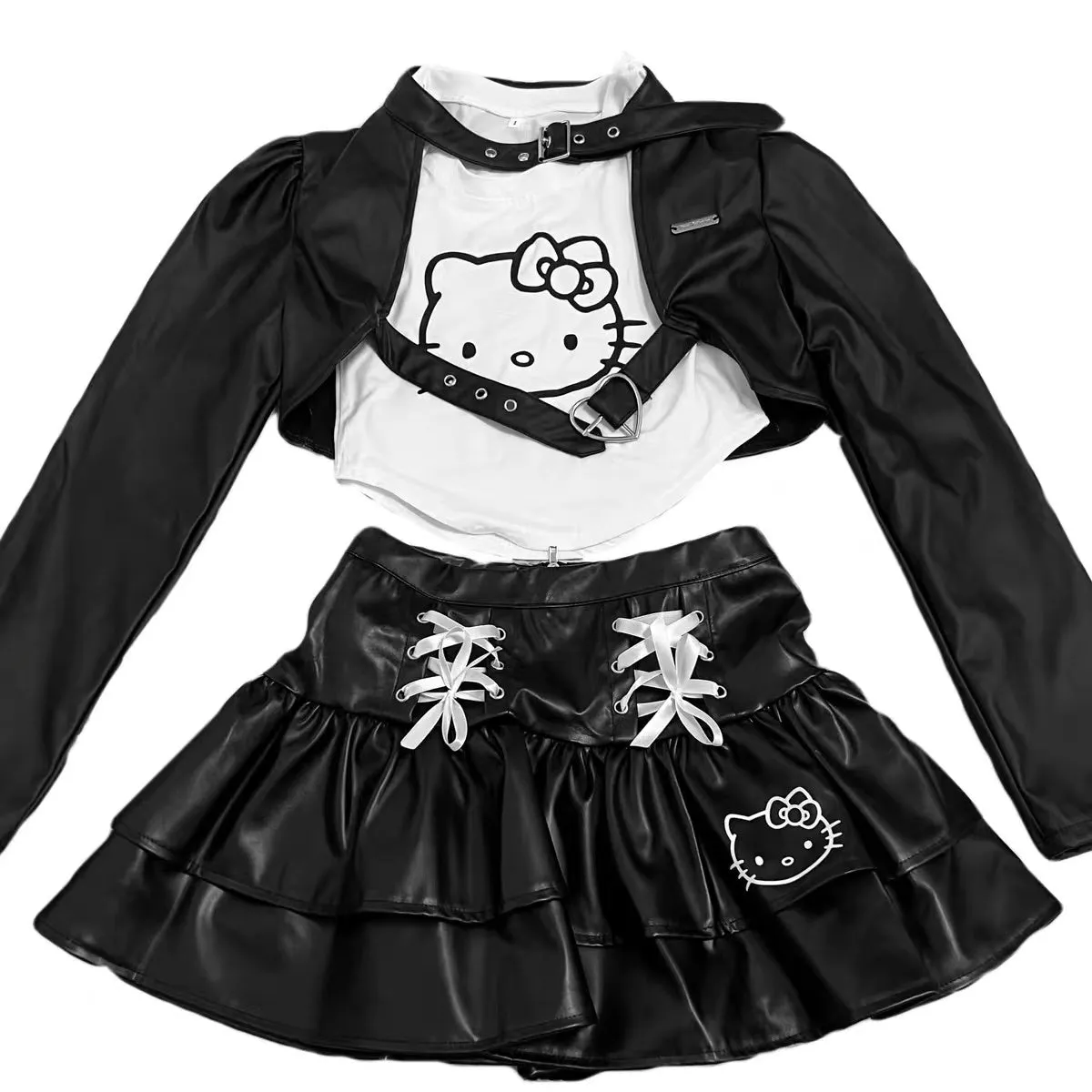 Y2K Hello Kitty Inspired T-shirt with Black Bolero Shrug and Black Leather Layered Mini Skirt